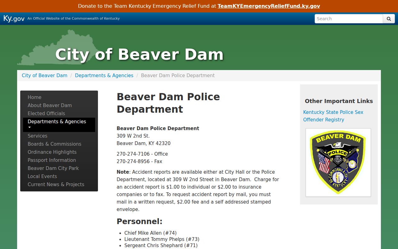 Beaver Dam Ohio County criminal records police department page